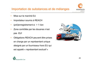2929
Importation de substances et de mélanges
• Mise sur le marché EU
• Importateur soumis à REACH
• (pré)enregistrement si > 1 t/an
• Zone contrôlée par les douanes n’est
pas EU!
• Obligations REACH peuvent être prises
en charge par un représentant unique
désigné par un fournisseur hors EU qui
est appelé « représentant exclusif »
 