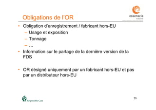 3535
• Obligation d’enregistrement / fabricant hors-EU
– Usage et exposition
– Tonnage
– …
• Information sur le partage de la dernière version de la
FDS
• OR désigné uniquement par un fabricant hors-EU et pas
par un distributeur hors-EU
Obligations de l’OR
 