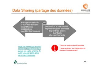 4949
Partage au sein du
SIEF des données
scientifiques
disponibles –
combler les lacunes
Discussion sur la fiabilité ,
la pertinencedes données
disponibles et des
éventuels
chevauchements
Temps et ressources nécessaires
Data Sharing (partage des données)
Travail antérieur à la préparation du
dossier d’enregistrement
https://echa.europa.eu/docu
ments/10162/23036412/gui
dance_on_data_sharing_fr.
pdf/91a54482-2699-45fd-
b87b-84d3387b0bc0
 