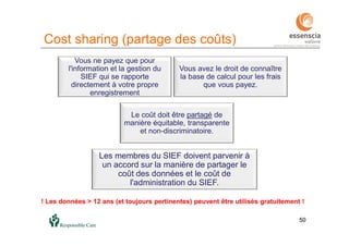 50
Cost sharing (partage des coûts)
50
Vous ne payez que pour
l'information et la gestion du
SIEF qui se rapporte
directement à votre propre
enregistrement
Vous avez le droit de connaître
la base de calcul pour les frais
que vous payez.
Le coût doit être partagé de
manière équitable, transparente
et non-discriminatoire.
Les membres du SIEF doivent parvenir à
un accord sur la manière de partager le
coût des données et le coût de
l'administration du SIEF.
! Les données > 12 ans (et toujours pertinentes) peuvent être utilisés gratuitement !
 