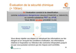 56
Évaluation de la sécurité chimique
(> 10t/an)
Vous devez répéter ces étapes en réévaluant les informations sur les
dangers et en revoyant les conditions d'utilisation, les informations
relatives à l'exposition ou l'étendue des scénarios d'exposition jusqu'à
ce que vous puissiez conclure que les risques sont contrôlés.
56
Évaluation de
l'exposition
Caractérisation des
risques
Si l’évaluation conduit à la classification
comme substance dangereuse (directive 67/548/CEE ou 1999/45/CE),
ou comme substance PBT ou vPvB,
Vous devez en plus procéder à une
 