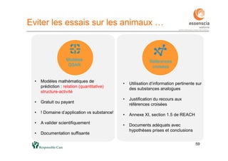 59
Eviter les essais sur les animaux …
Modèles
QSAR
Références
croisées
• Modèles mathématiques de
prédiction : relation (quantitative)
structure-activité
• Gratuit ou payant
• ! Domaine d’application vs substance!
• A valider scientifiquement
• Documentation suffisante
• Utilisation d’information pertinente sur
des substances analogues
• Justification du recours aux
références croisées
• Annexe XI, section 1.5 de REACH
• Documents adéquats avec
hypothèses prises et conclusions
 