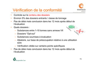 73
Vérification de la conformité
• Controle sur le contenu des dossiers
• Environ 5% des dossiers entrants / classe de tonnage
• Pas de délai mais conclusion dans les 12 mois après début de
l’évaluation
• Quels dossiers :
– Substances entre 1-10 tonnes sans annexe VII
– Dossiers “Opt-out”
– Substances soumises à évaluation
– Aléatoire, sur base de préoccupation relative à une utilisation
sûre
– Vérification ciblée sur certains points spécifiques
• Pas de délai mais conclusion dans les 12 mois après début de
l’évaluation
 