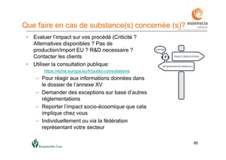 9595
Que faire en cas de substance(s) concernée (s)?
• Evaluer l’impact sur vos procédé (Criticité ?
Alternatives disponibles ? Pas de
production/import EU ? R&D necessaire ?
Contacter les clients
• Utiliser la consultation publique:
https://echa.europa.eu/fr/public-consultations
– Pour réagir aux informations données dans
le dossier de l’annexe XV
– Demander des exceptions sur base d’autres
réglementations
– Reporter l’impact socio-écoomique que cela
implique chez vous
– Individuellement ou via la fédération
représentant votre secteur
 