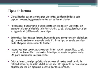 Tipos de lectura
• Globalizada: pasar la vista por un texto, conformándose con
captar la esencia; generalmente, así se lee el diario.
• Focalizada: buscar uno o varios datos incluidos en un texto, sin
atender a la totalidad de la información, p. ej., si alguien busca en
su agenda el teléfono de un amigo.
• Extensiva: leer textos largos, buscando una comprensión global, p.
ej., cuando se lee una novela en la L1. Este tipo se suele emplear
en la LM para desarrollar la fluidez.
• Intensiva: leer textos para extraer información específica, p. ej.,
cuando se lee el libro de texto. Este tipo se suele emplear en la
LM para aumentar la corrección.
• Crítica: leer con el propósito de evaluar el texto, analizando la
calidad literaria, la actitud del autor, etc. Un ejemplo sería cuando
el profesor lee un ejercicio escrito por los alumnos.
 