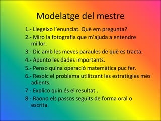 Modelatge del mestre
1.- Llegeixo l’enunciat. Què em pregunta?
2.- Miro la fotografia que m’ajuda a entendre
   millor.
3.- Dic amb les meves paraules de què es tracta.
4.- Apunto les dades importants.
5.- Penso quina operació matemàtica puc fer.
6.- Resolc el problema utilitzant les estratègies més
   adients.
7.- Explico quin és el resultat .
8.- Raono els passos seguits de forma oral o
   escrita.
 