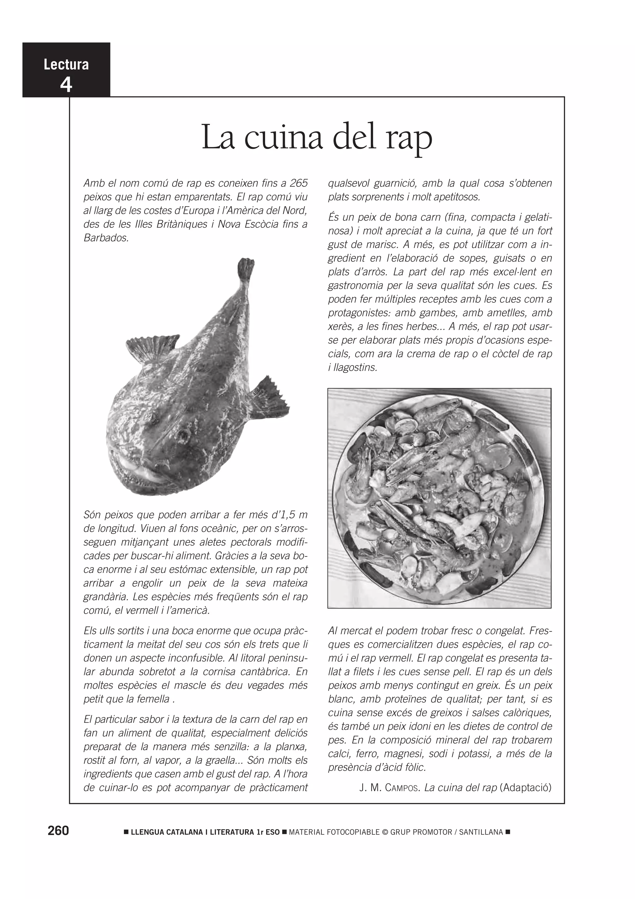 Lectura
  4

                                  La cuina del rap
      Amb el nom comú de rap es coneixen fins a 265              qualsevol guarnició, amb la qual cosa s’obtenen
      peixos que hi estan emparentats. El rap comú viu           plats sorprenents i molt apetitosos.
      al llarg de les costes d’Europa i l’Amèrica del Nord,
                                                                 És un peix de bona carn (fina, compacta i gelati-
      des de les Illes Britàniques i Nova Escòcia fins a
                                                                 nosa) i molt apreciat a la cuina, ja que té un fort
      Barbados.
                                                                 gust de marisc. A més, es pot utilitzar com a in-
                                                                 gredient en l’elaboració de sopes, guisats o en
                                                                 plats d’arròs. La part del rap més excel·lent en
                                                                 gastronomia per la seva qualitat són les cues. Es
                                                                 poden fer múltiples receptes amb les cues com a
                                                                 protagonistes: amb gambes, amb ametlles, amb
                                                                 xerès, a les fines herbes... A més, el rap pot usar-
                                                                 se per elaborar plats més propis d’ocasions espe-
                                                                 cials, com ara la crema de rap o el còctel de rap
                                                                 i llagostins.




      Són peixos que poden arribar a fer més d’1,5 m
      de longitud. Viuen al fons oceànic, per on s’arros-
      seguen mitjançant unes aletes pectorals modifi-
      cades per buscar-hi aliment. Gràcies a la seva bo-
      ca enorme i al seu estómac extensible, un rap pot
      arribar a engolir un peix de la seva mateixa
      grandària. Les espècies més freqüents són el rap
      comú, el vermell i l’americà.
      Els ulls sortits i una boca enorme que ocupa pràc-         Al mercat el podem trobar fresc o congelat. Fres-
      ticament la meitat del seu cos són els trets que li        ques es comercialitzen dues espècies, el rap co-
      donen un aspecte inconfusible. Al litoral peninsu-         mú i el rap vermell. El rap congelat es presenta ta-
      lar abunda sobretot a la cornisa cantàbrica. En            llat a filets i les cues sense pell. El rap és un dels
      moltes espècies el mascle és deu vegades més               peixos amb menys contingut en greix. És un peix
      petit que la femella .                                     blanc, amb proteïnes de qualitat; per tant, si es
                                                                 cuina sense excés de greixos i salses calòriques,
      El particular sabor i la textura de la carn del rap en
                                                                 és també un peix idoni en les dietes de control de
      fan un aliment de qualitat, especialment deliciós
                                                                 pes. En la composició mineral del rap trobarem
      preparat de la manera més senzilla: a la planxa,
                                                                 calci, ferro, magnesi, sodi i potassi, a més de la
      rostit al forn, al vapor, a la graella... Són molts els
                                                                 presència d’àcid fòlic.
      ingredients que casen amb el gust del rap. A l’hora
      de cuinar-lo es pot acompanyar de pràcticament                    J. M. CAMPOS. La cuina del rap (Adaptació)



260              LLENGUA CATALANA I LITERATURA 1r ESO   MATERIAL FOTOCOPIABLE © GRUP PROMOTOR / SANTILLANA
 