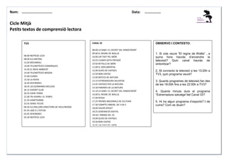 Nom: ………......................

Data:

………………

Cicle Mitjà
Petits textos de comprensió lectora
TV3

CANAL 33

06:00 NOTÍCIES 3/24
08.00 ELS MATINS
13.20 BOCAMOLL
14.00 TELENOTÍCIES COMARQUES
14.20 EL MEDI AMBIENT
14:30 TELENOTÍCIES MIGDIA
15.40 CUINES
15.50 LA RIERA
16.40 DIVENDRES
18.35 LES GERMANES MCLEOD
20.15 ESPORT CLUB
20.35 ESPAI TERRA
21.00 TN VESPRE+ EL TEMPS
21.50 HAWTHORNE
23.35 SENSE FICCIÓ
00.50 ELS MILLORS DIRECTORS DE HOLLYWOOD
01.45 JAZZ A L’ESTUDI
03.45 DIVENDRES
05.30 NOTÍCIES 3/24

08.00 LA SABA I EL SECRET DEL RINOCERONT
09.00 EL REGNE DE WALLIS
10.00 UN TAST PEL MÓN
10.25 CUINER SOTA PRESSIÓ
10.50 RETALLS DE MÓN
11.00 EL DOCUMENTAL
12.00 GUIES DE VIATGES
12.50 BON VIATGE
13.00 BATECS DE NATURA
13.15 EXTREMADURA SALVATGE
13.45 VIATGES PER LA NATURA
14.30 PARANYS DE LA NATURA
15.10 LA SABA I EL SECRET DEL RINOCERONT
16.00 EL REGNE DE WALLIS
17.00 NYDIA
17.25 PREMIS NACIONALS DE CULTURA
17.30 COMPTE ENRERE, DE 5 EN 5
18.00 VALOR AFEGIT
18.25 GENERACIÓ DIGITAL
18.50 L’ÀNIMA DEL 33
19.00 GUIES DE VIATGES
19.50 BON VIATGE
20.05 UN TAST PEL MÓN

OBSERVO I CONTESTO:

1. Si vols veure “El regne de Wallis” , a
quina hora hauràs d’encendre la
televisió? Quin canal hauràs de
sintonitzar?
2. SI connecto la televisió a les 13:20h a
TV3, quin programa veuré?
3. Quants programes de televisió fan des
de les 18:00h fins a les 22:00h a TV3?
4. Quants minuts dura el programa
“Extremadura salvatge”del Canal 33?
5. Hi ha algun programa d’esports? I de
cuina? Com es diuen?

 