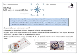 Nom: ………......................

Data:

………………

Cicle Mitjà
Petits textos de comprensió lectora
ROSA DELS VENTS

La brúixola o búixola és un aparell de mesura i de navegació que serveix per determinar qualsevol direcció de la superfície terrestre
per mitjà d'una agulla imantada lliure que sempre s'alinea amb el camp magnètic terrestre. A la brúixola hi ha marcats els punts
cardinals: Nord, Sud, Est i Oest. Tots aquests imants directors són units a una rosa dels vents que gira conjuntament amb ells
(Nord, Sud, Est i Oest.). Tenint en compte que la brúixola ha d’estar plana per funcionar... respon a les preguntes següents:

1. Com podem saber quant mesura la nostra sabata?
2. L’agulla magnètica ha d’assenyalar el nord. Hi ha alguna de les imatges on estigui ben posada?
3. Segons on senyala l’agulla magnètica a la brúixola de l’esquerra i prenent com a referència les lletres de la roda “N (nord), W (oest), E
(est), S (sud)”. Com és diria el vent que bufes des d’aquesta direcció?
4. A la brúixola hi ha uns números al costat de les lletres “N, W, S, E”. Quins són? Coincideix amb els números i la lletra de la rosa dels
vents?
LÍNIES AUXILIARS DE DIRECCIÓ

AGULLA MAGNÈTICA

REGLE

FLETXA DIRECCIÓ

LÍNIES NORD-SUD

ESCALA

LIMBE MÒBIL

FLETXA NORD

 