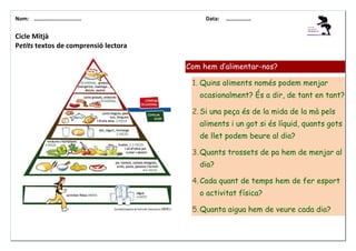 Nom: ………......................

Data:

………………

Cicle Mitjà
Petits textos de comprensió lectora
Com hem d’alimentar-nos?
1. Quins aliments només podem menjar
ocasionalment? És a dir, de tant en tant?
2. Si una peça és de la mida de la mà pels
aliments i un got si és líquid, quants gots
de llet podem beure al dia?
3. Quants trossets de pa hem de menjar al
dia?
4. Cada quant de temps hem de fer esport
o activitat física?
5. Quanta aigua hem de veure cada dia?

 