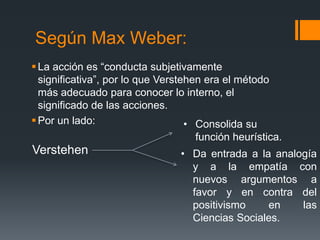 Según Max Weber:
 La acción es “conducta subjetivamente
  significativa”, por lo que Verstehen era el método
  más adecuado para conocer lo interno, el
  significado de las acciones.
 Por un lado:                     • Consolida su
                                   función heurística.
Verstehen                       • Da entrada a la analogía
                                  y a la empatía con
                                  nuevos argumentos a
                                  favor y en contra del
                                  positivismo    en    las
                                  Ciencias Sociales.
 