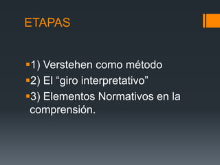 ETAPAS


1) Verstehen como método
2) El “giro interpretativo”
3) Elementos Normativos en la
 comprensión.
 