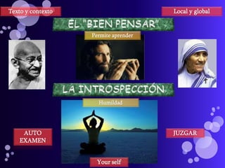 Texto y contexto

Local y global

Permite aprender

Humildad

AUTO
EXAMEN

JUZGAR

Your self

 