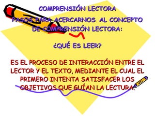 COMPRENSIÓN LECTORA PASOS PARA ACERCARNOS   AL CONCEPTO DE COMPRENSIÓN LECTORA: ¿QUÉ ES LEER? ES EL PROCESO DE INTERACCIÓN ENTRE EL LECTOR Y EL TEXTO, MEDIANTE EL CUAL EL PRIMERO INTENTA SATISFACER LOS OBJETIVOS QUE GUÍAN LA LECTURA. 