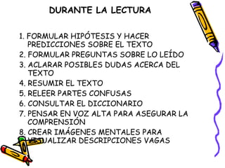 DURANTE LA LECTURA   1. FORMULAR HIPÓTESIS Y HACER PREDICCIONES SOBRE EL TEXTO  2. FORMULAR PREGUNTAS SOBRE LO LEÍDO  3. ACLARAR POSIBLES DUDAS ACERCA DEL TEXTO  4. RESUMIR EL TEXTO  5. RELEER PARTES CONFUSAS  6. CONSULTAR EL DICCIONARIO  7. PENSAR EN VOZ ALTA PARA ASEGURAR LA COMPRENSIÓN  8. CREAR IMÁGENES MENTALES PARA VISUALIZAR DESCRIPCIONES VAGAS  