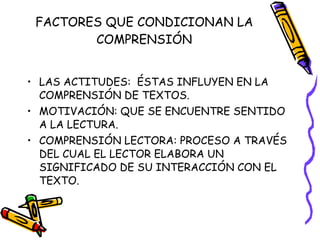 FACTORES QUE CONDICIONAN LA COMPRENSIÓN LAS ACTITUDES:  ÉSTAS INFLUYEN EN LA COMPRENSIÓN DE TEXTOS. MOTIVACIÓN: QUE SE ENCUENTRE SENTIDO A LA LECTURA. COMPRENSIÓN LECTORA: PROCESO A TRAVÉS DEL CUAL EL LECTOR ELABORA UN SIGNIFICADO DE SU INTERACCIÓN CON EL TEXTO. 