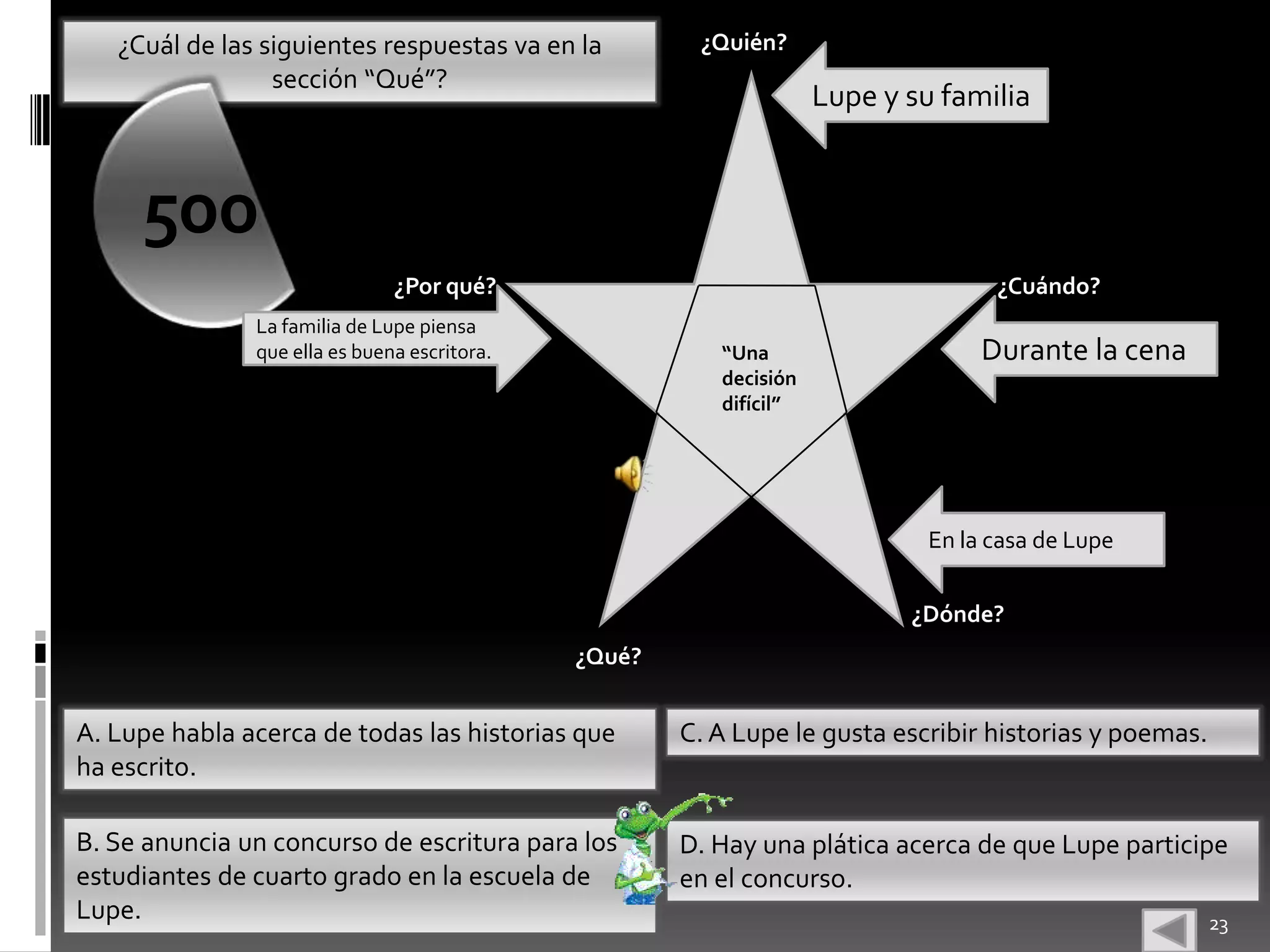 ¿Cuál de las siguientes respuestas va en la         ¿Quién?
                 sección “Qué”?
                                                                    Lupe y su familia


     500
                               ¿Por qué?                                           ¿Cuándo?
               La familia de Lupe piensa
               que ella es buena escritora.              “Una                     Durante la cena
                                                         decisión
                                                         difícil”




                                                                             En la casa de Lupe

                                                                           ¿Dónde?
                                              ¿Qué?


A. Lupe habla acerca de todas las historias que       C. A Lupe le gusta escribir historias y poemas.
ha escrito.

B. Se anuncia un concurso de escritura para los       D. Hay una plática acerca de que Lupe participe
estudiantes de cuarto grado en la escuela de          en el concurso.
Lupe.                                                                                                   23
 