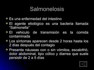 Salmonelosis Es una enfermedad del intestino El agente etiológico es una bacteria llamada “Salmonella” El vehiculo de transmisión es la comida contaminada Los síntomas aparecen desde 2 horas hasta los 2 días después del contagio Presenta náuseas con o sin vómitos, escalofrió, dolor abdominal, tipo cólico y diarrea que suele persistir de 2 a 5 días 