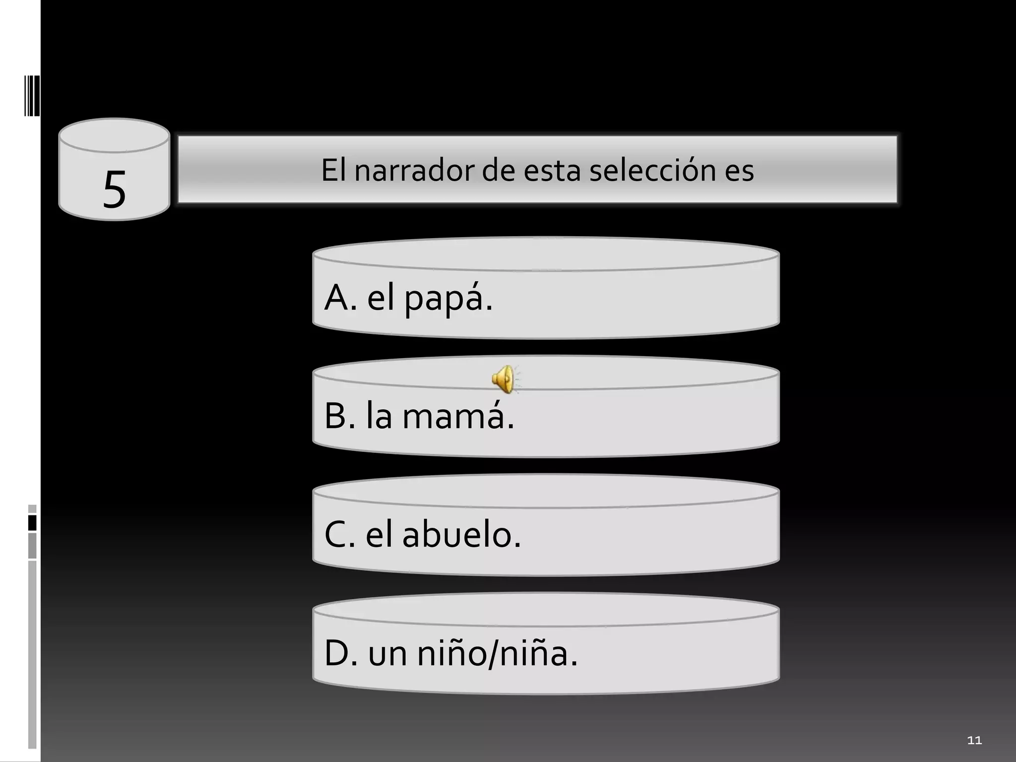 115El narrador de estaselecciónesA. el papá.B. la mamá.C. el abuelo.D. un niño/niña. 