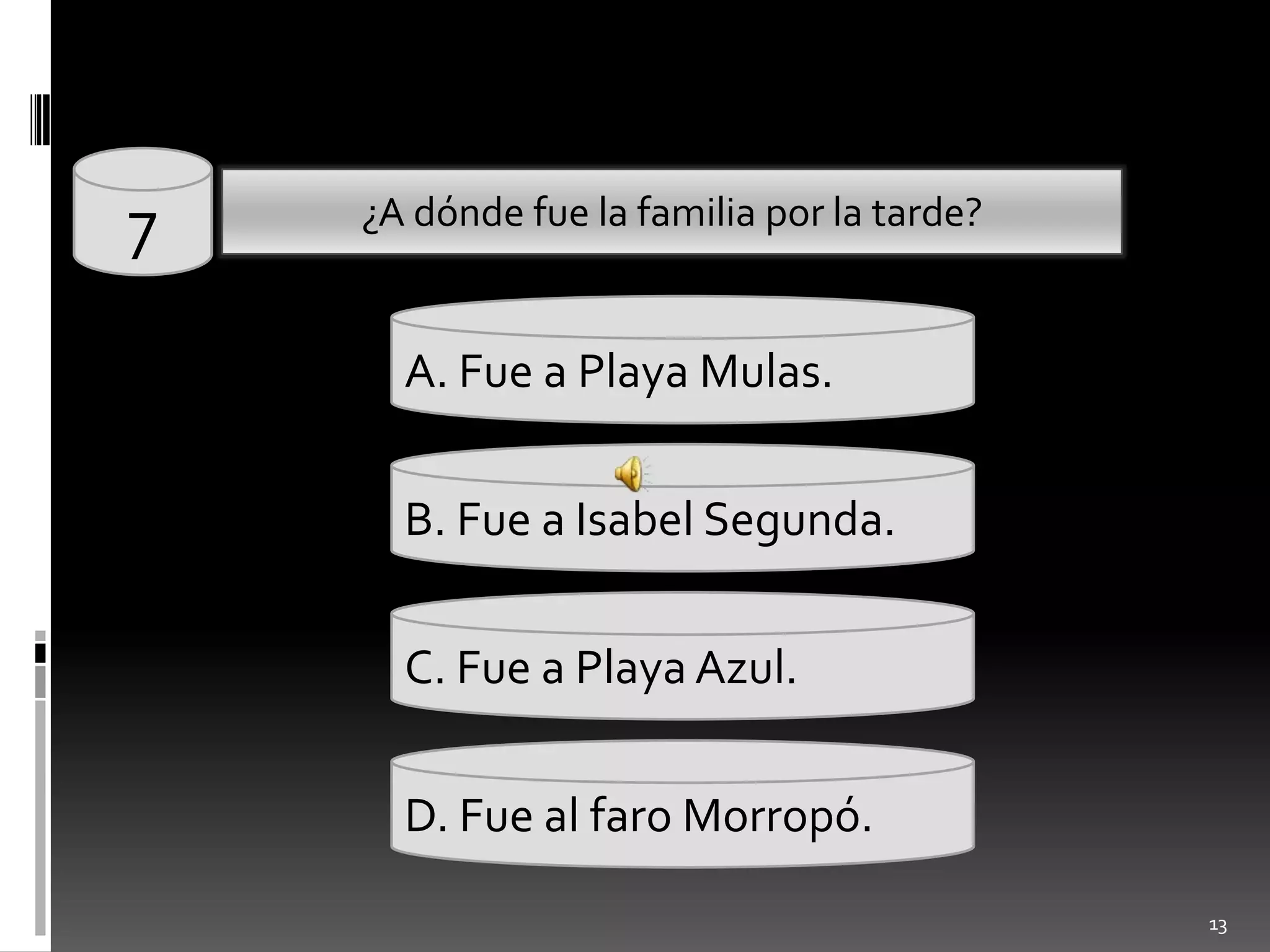 137¿A dóndefue la familiapor la tarde?A. Fue a Playa Mulas.B. Fue a Isabel Segunda.C. Fue a Playa Azul.D. Fue al faro Morropó.