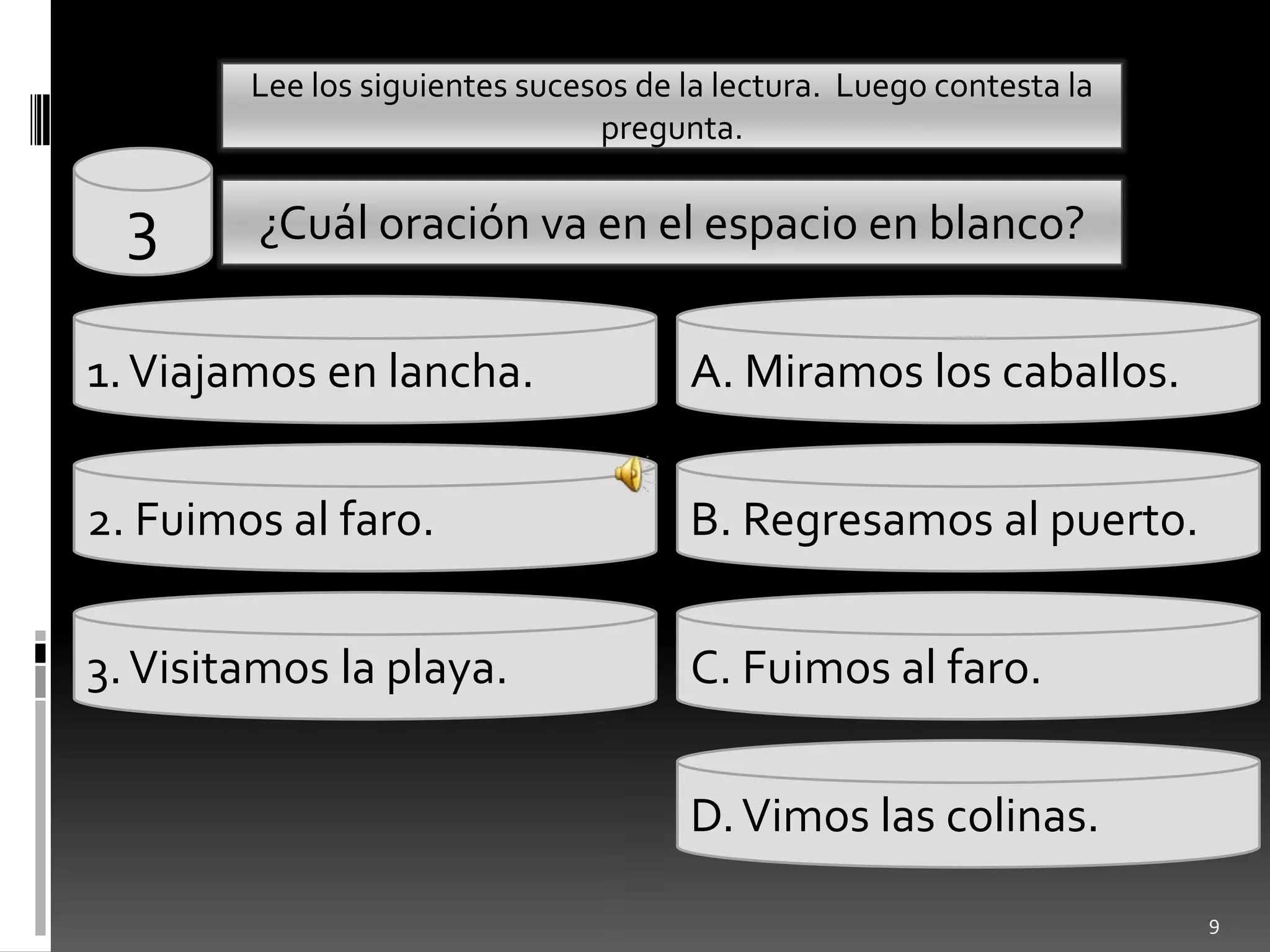 Lee los siguientessucesos de la lectura.  Luegocontesta la pregunta.93¿Cuáloraciónva en el espacio en blanco?1. Viajamos en lancha.A. Miramos los caballos.2.B. Regresamos al puerto.2. Fuimos al faro.3. Visitamos la playa.C. Fuimos al faro.D. Vimoslascolinas.