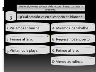 Lee los siguientessucesos de la lectura.  Luegocontesta la pregunta.93¿Cuáloraciónva en el espacio en blanco?1. Viajamos en lancha.A. Miramos los caballos.2.B. Regresamos al puerto.2. Fuimos al faro.3. Visitamos la playa.C. Fuimos al faro.D. Vimoslascolinas.