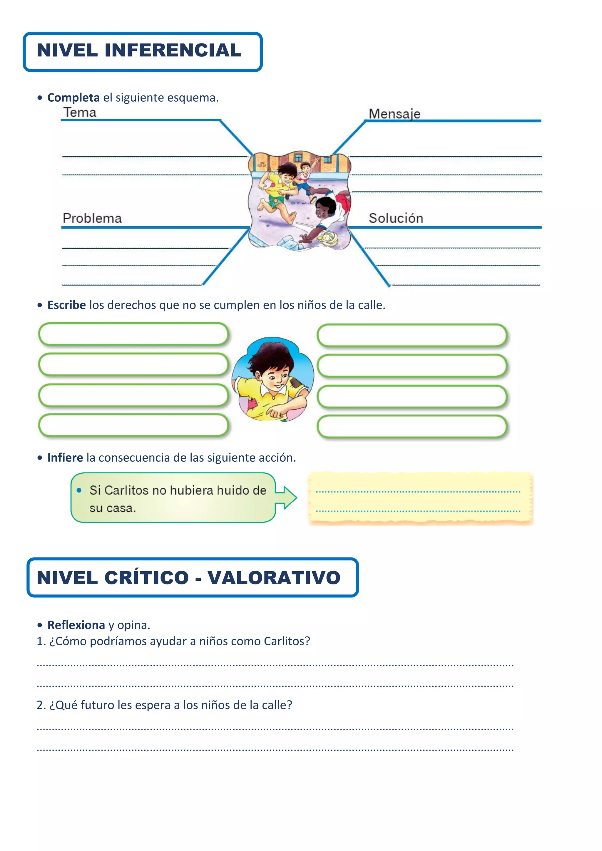NIVEL INFERENCIAL
• Completa el siguiente esquema.
• Escribe los derechos que no se cumplen en los niños de la calle.
• Infiere la consecuencia de las siguiente acción.
NIVEL CRÍTICO - VALORATIVO
• Reflexiona y opina.
1. ¿Cómo podríamos ayudar a niños como Carlitos?
............................................................................................................................................................
............................................................................................................................................................
2. ¿Qué futuro les espera a los niños de la calle?
............................................................................................................................................................
............................................................................................................................................................
 