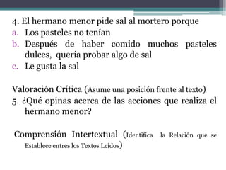 4. El hermano menor pide sal al mortero porque
a. Los pasteles no tenían
b. Después de haber comido muchos pasteles
    dulces, quería probar algo de sal
c. Le gusta la sal

Valoración Crítica (Asume una posición frente al texto)
5. ¿Qué opinas acerca de las acciones que realiza el
    hermano menor?

Comprensión Intertextual (Identifica    la Relación que se
  Establece entres los Textos Leídos)
 