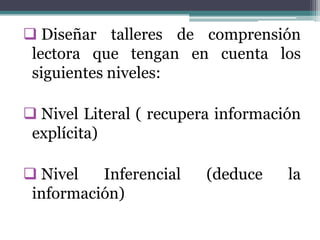  Diseñar talleres de comprensión
 lectora que tengan en cuenta los
 siguientes niveles:

 Nivel Literal ( recupera información
 explícita)

 Nivel   Inferencial    (deduce    la
 información)
 