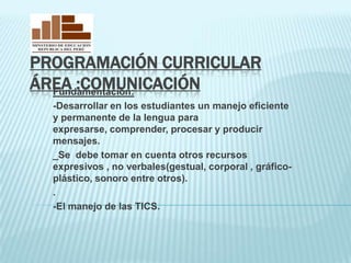PROGRAMACIÓN CURRICULAR
ÁREA :COMUNICACIÓN
  Fundamentación:
  -Desarrollar en los estudiantes un manejo eficiente
  y permanente de la lengua para
  expresarse, comprender, procesar y producir
  mensajes.
  _Se debe tomar en cuenta otros recursos
  expresivos , no verbales(gestual, corporal , gráfico-
  plástico, sonoro entre otros).
  .
  -El manejo de las TICS.
 