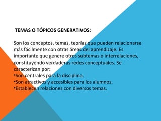  TEMAS O TÓPICOS GENERATIVOS:
Son los conceptos, temas, teorías que pueden relacionarse 
más fácilmente con otras áreas del aprendizaje. Es 
importante que genere otros subtemas o interrelaciones, 
constituyendo verdaderas redes conceptuales. Se 
caracterizan por:
•Son centrales para la disciplina.
•Son atractivos y accesibles para los alumnos.
•Establecen relaciones con diversos temas.
 
 