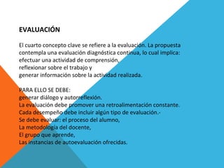 EVALUACIÓN
El cuarto concepto clave se refiere a la evaluación. La propuesta
contempla una evaluación diagnóstica continua, lo cual implica:
efectuar una actividad de comprensión,
reflexionar sobre el trabajo y
generar información sobre la actividad realizada.
PARA ELLO SE DEBE:
generar diálogo y autorreflexión.
La evaluación debe promover una retroalimentación constante.
Cada desempeño debe incluir algún tipo de evaluación.-
Se debe evaluar: el proceso del alumno,
La metodología del docente,
El grupo que aprende,
Las instancias de autoevaluación ofrecidas.
 