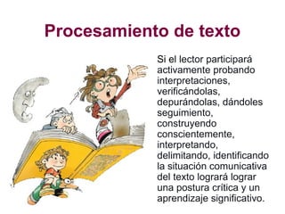 Procesamiento de texto
Si el lector participará
activamente probando
interpretaciones,
verificándolas,
depurándolas, dándoles
seguimiento,
construyendo
conscientemente,
interpretando,
delimitando, identificando
la situación comunicativa
del texto logrará lograr
una postura crítica y un
aprendizaje significativo.
 