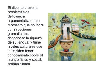 El dicente presenta
problemas de
deficiencia
argumentativa, en el
momento que no logra
construcciones
gramaticales,
desconoce la riqueza
de su lengua, y tiene
niveles culturales que
le impiden tener
conocimiento sobre el
mundo físico y social.
proposiciones
 