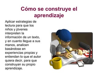 Cómo se construye el
aprendizaje
Aplicar estrategias de
lectura para que los
niños y jóvenes
interpreten la
información de un texto,
y en cuanto llegue a sus
manos, analicen
basándose en
experiencias propias y
entiendan lo que el autor
quiera decir, para que
construyan su propio
aprendizaje.
 