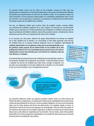 TODOS PODEMOS APRENDER, NADIE SE QUEDA ATRÁS
11
Ejemplo de oralidadpracticada en la escuela:el profesor formulapreguntas y, a partir delas respuestas de losestudiantes, se extraeconclusiones.
Los docentes debemos saber que algunos pueblos cultivan entre sus niños formas de
hablar discretas y respetuosas. La observación atenta de las actividades forma parte de los
modos de aprendizaje de los niños en muchos pueblos indígenas. Por eso es tan importante
dejar que los niños ejerzan esta forma de observación y no exigirles, desde un inicio, la
intervención verbal como forma de expresar los aprendizajes. Para los niños formados en
las prácticas discursivas de los pueblos originarios, el silencio es parte de las interacciones
discursivas y esto debe ser respetado por los docentes. De ese modo, estos niños podrán
desarrollar de manera progresiva capacidades en las prácticas discursivas que la escuela
fomenta para la socialización secundaria.
Un proceso similar ocurre con los niños en las ciudades, aunque en este caso sus
experiencias se enriquecen con formas de interacción y de acceso a la información distintas
de aquellas que experimentan los niños de los ámbitos rurales. En los ámbitos rurales, los
niños aprenden muchas prácticas relacionadas con actividades significativas para la vida
de la familia, como la agricultura, el pastoreo, la recolección, la elaboración de instrumentos
de trabajo propios de la realidad local, etcétera.
Por eso, no debemos olvidar que muchos niños de pueblos rurales, aunque hablen
una variedad del castellano regional de su zona, llegan a la escuela con una formación
familiar que se expresa en una forma particular de manifestar su oralidad. Ante los ojos de
algunos profesores de hábitos citadinos, estos niños pueden parecer, erradamente, menos
expresivos que los niños con experiencia de vida en las ciudades.
En la escuela, por otra parte, además de seguir desarrollando las formas de oralidad
de la vida cotidiana de su familia y su comunidad, el niño debe aprender otras formas
de oralidad tanto en su lengua materna originaria como en castellano. son formas de
Ejemplo de oralidad de
la vida cotidiana del niño
de pueblos originarios:
relato asháninka sobre el
origen del boquichico y
la carachama.
oralidad relacionadas con los géneros orales que la escuela desarrolla y con
las prácticas orales propias de las interacciones en los ámbitos de la vida
profesional o laboral. son muy importantes porque proporcionan a los niños y
adolescentes nuevas herramientas para comunicarse en contextos cada vez
más diversos y complejos.
Para desarrollar las diversas formas de oralidad que los estudiantes usarán en
los llamados “ámbitos de socialización secundaria”, el docente debe conocer
y respetar las formas de oralidad que estos traen consigo al ingresar a la
escuela y que aprendieron en la vida cotidiana de su familia y su comunidad,
lo que se conoce también como “socialización primaria”.
Prácticas
de oralidad
cotidiana.
SOCIALIzACIóN
PRIMARIA
SOCIALIzACIóN
SECUNDARIA
Prácticas en la socialización secundaria
Escuchar mensajes de autoridades.
Escuchar el discurso del profesor.
Exponer ante la clase.
Representar un personaje en una
obra teatral.
 
