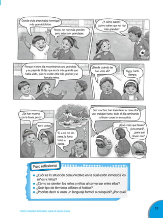 13
TODOS PODEMOS APRENDER, NADIE SE QUEDA ATRÁS
¿Cuál es la situación comunicativa en la cual están inmersos los
niños y niñas?
¿Cómo se sienten los niños y niñas al conversar entre ellos?
¿Qué tipo de términos utilizan al hablar?
¿Podrías decir si usan un lenguaje formal o coloquial? ¿Por qué?
Donde vivía antes había hormigas
más grandotototas.
¿Desde cuándo las
han visto allí? Uyyy, harto
tiempo.
Porque el otro día encontramos una grandota
y su papá de él dijo que era la más grande que
había visto, que no existe otra más grande y se
llamaba reina.
Nooo, no hay más grandes
pero estas son grandazas.
¿Y cómo sabes?,
¿cómo sabes que no hay
más grandes?
¿Se han muerto
con la lluvia, pero?
Sí, a mí me dio
pena, la lluvia
botó su
casita.
Yo vi unitas. ¿Qué crees que llevan?
¿Les pesará?,
¿para qué
llevan eso?
Son muchas, han levantado su casa otra
vez, trabajan harto, todo el día caminando
y llevan cosas en su espalda.
Para reflexionar
 