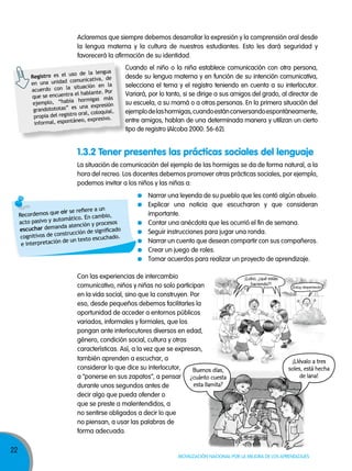 22
Movilización nacional por la Mejora de los aprendizajes
La situación de comunicación del ejemplo de las hormigas se da de forma natural, a la
hora del recreo. Los docentes debemos promover otras prácticas sociales, por ejemplo,
podemos invitar a los niños y las niñas a:
Narrar una leyenda de su pueblo que les contó algún abuelo.
Explicar una noticia que escucharon y que consideran
importante.
Contar una anécdota que les ocurrió el fin de semana.
Seguir instrucciones para jugar una ronda.
Narrar un cuento que desean compartir con sus compañeros.
Crear un juego de roles.
Tomar acuerdos para realizar un proyecto de aprendizaje.
1.3.2 Tener presentes las prácticas sociales del lenguaje
Aclaremos que siempre debemos desarrollar la expresión y la comprensión oral desde
la lengua materna y la cultura de nuestros estudiantes. Esto les dará seguridad y
favorecerá la afirmación de su identidad.
Cuando el niño o la niña establece comunicación con otra persona,
desde su lengua materna y en función de su intención comunicativa,
selecciona el tema y el registro teniendo en cuenta a su interlocutor.
Variará, por lo tanto, si se dirige a sus amigos del grado, al director de
su escuela, a su mamá o a otras personas. En la primera situación del
ejemplodelashormigas,cuandoestánconversandoespontáneamente,
entre amigos, hablan de una determinada manera y utilizan un cierto
tipo de registro (Alcoba 2000: 56-62).
Registro es el uso de la lengua
en una unidad comunicativa, de
acuerdo con la situación en la
que se encuentra el hablante. Por
ejemplo, “había hormigas más
grandotototas” es una expresión
propia del registro oral, coloquial,
informal, espontáneo, expresivo.
Recordemos que oír se refiere a un
acto pasivo y automático. En cambio,
escuchar demanda atención y procesos
cognitivos de construcción de significado
e interpretación de un texto escuchado.
Con las experiencias de intercambio
comunicativo, niños y niñas no solo participan
en la vida social, sino que la construyen. Por
eso, desde pequeños debemos facilitarles la
oportunidad de acceder a entornos públicos
variados, informales y formales, que los
pongan ante interlocutores diversos en edad,
género, condición social, cultura y otras
características. Así, a la vez que se expresan,
Buenos días,
¿cuánto cuesta
esta llamita?
¡Llévalo a tres
soles, está hecha
de lana!
también aprenden a escuchar, a
considerar lo que dice su interlocutor,
a “ponerse en sus zapatos”, a pensar
durante unos segundos antes de
decir algo que pueda ofender o
que se preste a malentendidos, a
no sentirse obligados a decir lo que
no piensan, a usar las palabras de
forma adecuada.
¡Lobo, ¿qué estás
haciendo?!
¡Estoy despertando!
 