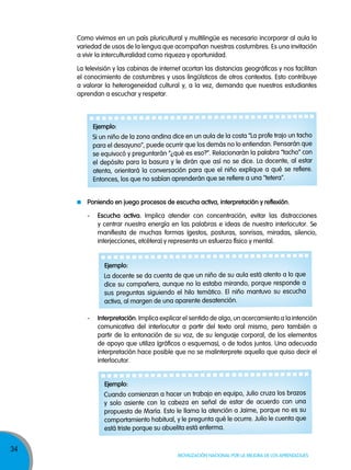 34
Movilización nacional por la Mejora de los aprendizajes
Como vivimos en un país pluricultural y multilingüe es necesario incorporar al aula la
variedad de usos de la lengua que acompañan nuestras costumbres. Es una invitación
a vivir la interculturalidad como riqueza y oportunidad.
La televisión y las cabinas de internet acortan las distancias geográficas y nos facilitan
el conocimiento de costumbres y usos lingüísticos de otros contextos. Esto contribuye
a valorar la heterogeneidad cultural y, a la vez, demanda que nuestros estudiantes
aprendan a escuchar y respetar.
poniendo en juego procesos de escucha activa, interpretación y reflexión.
- escucha activa. Implica atender con concentración, evitar las distracciones
y centrar nuestra energía en las palabras e ideas de nuestro interlocutor. Se
manifiesta de muchas formas (gestos, posturas, sonrisas, miradas, silencio,
interjecciones, etcétera) y representa un esfuerzo físico y mental.
- Interpretación. Implica explicar el sentido de algo, un acercamiento a la intención
comunicativa del interlocutor a partir del texto oral mismo, pero también a
partir de la entonación de su voz, de su lenguaje corporal, de los elementos
de apoyo que utiliza (gráficos o esquemas), o de todos juntos. Una adecuada
interpretación hace posible que no se malinterprete aquello que quiso decir el
interlocutor.
ejemplo:
Si un niño de la zona andina dice en un aula de la costa “La profe trajo un tacho
para el desayuno”, puede ocurrir que los demás no lo entiendan. Pensarán que
se equivocó y preguntarán “¿qué es eso?”. Relacionarán la palabra “tacho” con
el depósito para la basura y le dirán que así no se dice. La docente, al estar
atenta, orientará la conversación para que el niño explique a qué se refiere.
Entonces, los que no sabían aprenderán que se refiere a una "tetera".
ejemplo:
La docente se da cuenta de que un niño de su aula está atento a lo que
dice su compañera, aunque no la estaba mirando, porque responde a
sus preguntas siguiendo el hilo temático. El niño mantuvo su escucha
activa, al margen de una aparente desatención.
ejemplo:
Cuando comienzan a hacer un trabajo en equipo, Julio cruza los brazos
y solo asiente con la cabeza en señal de estar de acuerdo con una
propuesta de María. Esto le llama la atención a Jaime, porque no es su
comportamiento habitual, y le pregunta qué le ocurre. Julio le cuenta que
está triste porque su abuelita está enferma.
 