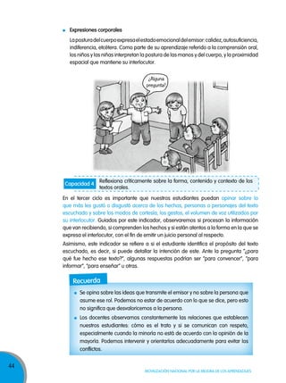 44
Movilización nacional por la Mejora de los aprendizajes
¿Alguna
pregunta?
Reflexiona críticamente sobre la forma, contenido y contexto de los
textos orales.
Capacidad 4
En el tercer ciclo es importante que nuestros estudiantes puedan opinar sobre lo
que más les gustó o disgustó acerca de los hechos, personas o personajes del texto
escuchado y sobre los modos de cortesía, los gestos, el volumen de voz utilizados por
su interlocutor. Guiados por este indicador, observaremos si procesan la información
que van recibiendo, si comprenden los hechos y si están atentos a la forma en la que se
expresa el interlocutor, con el fin de emitir un juicio personal al respecto.
Asimismo, este indicador se refiere a si el estudiante identifica el propósito del texto
escuchado, es decir, si puede detallar la intención de este. Ante la pregunta “¿para
qué fue hecho ese texto?”, algunas respuestas podrían ser “para convencer”, “para
informar”, “para enseñar” u otras.
Se opina sobre las ideas que transmite el emisor y no sobre la persona que
asume ese rol. Podemos no estar de acuerdo con lo que se dice, pero esto
no significa que desvaloricemos a la persona.
Los docentes observamos constantemente las relaciones que establecen
nuestros estudiantes: cómo es el trato y si se comunican con respeto,
especialmente cuando la minoría no está de acuerdo con la opinión de la
mayoría. Podemos intervenir y orientarlos adecuadamente para evitar los
conflictos.
recuerda
expresiones corporales
Laposturadelcuerpoexpresaelestadoemocionaldelemisor:calidez,autosuficiencia,
indiferencia, etcétera. Como parte de su aprendizaje referido a la comprensión oral,
los niños y las niñas interpretan la postura de las manos y del cuerpo, y la proximidad
espacial que mantiene su interlocutor.
 