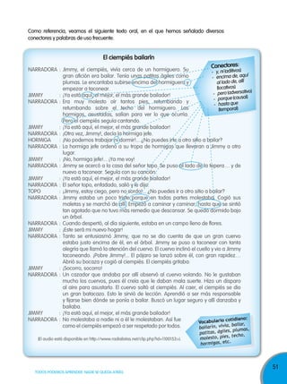 51
TODOS PODEMOS APRENDER, NADIE SE QUEDA ATRÁS
Como referencia, veamos el siguiente texto oral, en el que hemos señalado diversos
conectores y palabras de uso frecuente.
el ciempiés bailarín
NARRADORA : Jimmy, el ciempiés, vivía cerca de un hormiguero. Su
gran afición era bailar. Tenía unas patitas ágiles como
plumas. Le encantaba subirse encima del hormiguero y
empezar a taconear.
JIMMY : ¡Ya está aquí, el mejor, el más grande bailador!
NARRADORA : Era muy molesto oír tantos pies, retumbando y
retumbando sobre el techo del hormiguero. Las
hormigas, asustadas, salían para ver lo que ocurría.
Pero el ciempiés seguía cantando.
JIMMY : ¡Ya está aquí, el mejor, el más grande bailador!
NARRADORA : ¡Otra vez, Jimmy!, decía la hormiga jefe.
HORMIGA : ¡No podemos trabajar ni dormir!... ¿No puedes irte a otro sitio a bailar?
NARRADORA : La hormiga jefe ordenó a su tropa de hormigas que llevaran a Jimmy a otro
lugar.
JIMMY : ¡No, hormiga jefe!... ¡Ya me voy!
NARRADORA : Jimmy se acercó a la casa del señor topo. Se puso al lado de la topera… y de
nuevo a taconear. Seguía con su canción.
JIMMY : ¡Ya está aquí, el mejor, el más grande bailador!
NARRADORA : El señor topo, enfadado, salió y le dijo:
TOPO : ¡Jimmy, estoy ciego, pero no sordo!... ¿No puedes ir a otro sitio a bailar?
NARRADORA : Jimmy estaba un poco triste porque en todas partes molestaba. Cogió sus
maletas y se marchó de allí. Empezó a caminar y caminar, hasta que se sintió
tan agotado que no tuvo más remedio que descansar. Se quedó dormido bajo
un árbol.
NARRADORA : Cuando despertó, al día siguiente, estaba en un campo lleno de flores.
JIMMY : ¡Este será mi nuevo hogar!
NARRADORA : Tanto se entusiasmó Jimmy, que no se dio cuenta de que un gran cuervo
estaba justo encima de él, en el árbol. Jimmy se puso a taconear con tanta
alegría que llamó la atención del cuervo. El cuervo inclinó el cuello y vio a Jimmy
taconeando. ¡Pobre Jimmy!... El pájaro se lanzó sobre él, con gran rapidez…
Abrió su bocaza y cogió al ciempiés. El ciempiés gritaba:
JIMMY : ¡Socorro, socorro!
NARRADORA : Un cazador que andaba por allí observó al cuervo volando. No le gustaban
mucho los cuervos, pues él creía que le daban mala suerte. Hizo un disparo
al aire para asustarlo. El cuervo soltó al ciempiés. Al caer, el ciempiés se dio
un gran batacazo. Esto le sirvió de lección. Aprendió a ser más responsable
y fijarse bien dónde se ponía a bailar. Buscó un lugar seguro y allí danzaba y
bailaba.
JIMMY : ¡Ya está aquí, el mejor, el más grande bailador!
NARRADORA : No molestaba a nadie ni a él le molestaban. Así fue
como el ciempiés empezó a ser respetado por todos.
(El audio está disponible en http://www.radialistas.net/clip.php?id=1100153>).
vocabulario cotidiano:
bailarín, vivía, bailar,
patitas, ágiles, plumas,
molesto, pies, techo,
hormigas, etc.
Conectores:
- y, ni (aditivos)
- encima de, aquí
al lado de, allí
(locativos)
- pero (adversativo)
- porque (causal)
- hasta que
(temporal)
 