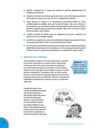 60
Movilización nacional por la Mejora de los aprendizajes
Esta estrategia se aplica en el marco del proyecto “Jugamos
a escuchar y aprendemos a tratarnos bien”, teniendo en
cuenta que a los niños y las niñas de primer grado aún
les cuesta trabajo escucharse entre ellos: muchos desean
hablar a la vez y hay algunos que hablan muy poco. A partir
de esta consideración, la profesora Julia, de primer grado,
estimó la conveniencia de organizar juegos que promuevan
la práctica de escuchar con atención al emisor, y ejerciten las
habilidades de descripción haciendo uso de un vocabulario
adecuado.
c. aplicación de la estrategia
Invítalos a participar en un juego que consista en describir detalladamente las
imágenes que observan.
Organizaalosniñosylasniñasengruposdecuatroocinco.Infórmalesquerecibirán
una imagen por grupo y que solo uno de sus integrantes la podrá ver.
Quien observa la imagen la va describiendo, procurando brindar la mayor
cantidad posible de detalles, para que los demás hagan cada uno su dibujo. Al
mismo tiempo, sus compañeros pueden hacerle preguntas para aclarar sus ideas.
Podemos sugerirle algunas pautas para describir, tales como mencionar colores,
formas, tamaños, usos, etcétera.
Cuando concluyen de dibujar todos los integrantes del grupo, comparan sus
producciones con la imagen original.
Ladinámicaserepitedeacuerdoconlacantidaddeimágenesqueproporcionemos
a los grupos, permitiendo rotar los roles de descripción y dibujo.
En el caso de los estudiantes de primer grado, pueden hacer un listado de palabras
significativas relacionadas con las imágenes. Los niños de segundo grado pueden
construir oraciones a partir de las descripciones, y convertirlas en textos escritos.
El propósito social es que
nuestros estudiantes practiquen
normas de convivencia e
intercambio verbal, tales como
escuchar sin interrumpir,
esperar su turno para hacer
uso de la palabra, etcétera.
El propósito didáctico es que
niños y niñas participen de una
manera activa que les permita
incrementar su vocabulario a
partir de una situación de juego.
InDICADoR:
Practica modos y
normas culturales
de convivencia
que permiten la
comunicación oral.
 