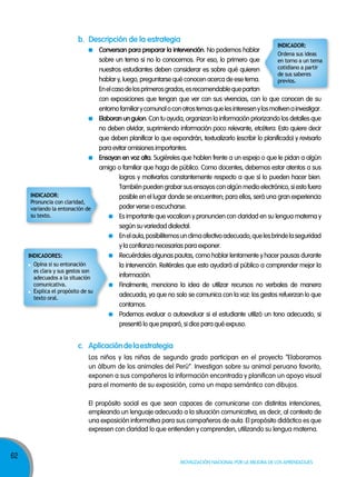 62
Movilización nacional por la Mejora de los aprendizajes
b. Descripción de la estrategia
c. Aplicacióndelaestrategia
Conversan para preparar la intervención. No podemos hablar
sobre un tema si no lo conocemos. Por eso, lo primero que
nuestros estudiantes deben considerar es sobre qué quieren
hablar y, luego, preguntarse qué conocen acerca de ese tema.
Enelcasodelosprimerosgrados,esrecomendablequepartan
con exposiciones que tengan que ver con sus vivencias, con lo que conocen de su
entornofamiliarycomunaloconotrostemasquelesinteresenylosmotivenainvestigar.
Elaboran un guion. Con tu ayuda, organizan la información priorizando los detalles que
no deben olvidar, suprimiendo información poco relevante, etcétera. Esto quiere decir
que deben planificar lo que expondrán, textualizarlo (escribir lo planificado) y revisarlo
para evitar omisiones importantes.
Ensayan en voz alta. Sugiéreles que hablen frente a un espejo o que le pidan a algún
amigo o familiar que haga de público. Como docentes, debemos estar atentos a sus
El propósito social es que sean capaces de comunicarse con distintas intenciones,
empleando un lenguaje adecuado a la situación comunicativa, es decir, al contexto de
una exposición informativa para sus compañeros de aula. El propósito didáctico es que
expresen con claridad lo que entienden y comprenden, utilizando su lengua materna.
Los niños y las niñas de segundo grado participan en el proyecto “Elaboramos
un álbum de los animales del Perú”. Investigan sobre su animal peruano favorito,
exponen a sus compañeros la información encontrada y planifican un apoyo visual
para el momento de su exposición, como un mapa semántico con dibujos.
logros y motivarlos constantemente respecto a que sí lo pueden hacer bien.
También pueden grabar sus ensayos con algún medio electrónico, si esto fuera
posible en el lugar donde se encuentren; para ellos, será una gran experiencia
poder verse o escucharse.
Es importante que vocalicen y pronuncien con claridad en su lengua materna y
según su variedad dialectal.
Enelaula,posibilitemosunclimaafectivoadecuado,quelesbrindelaseguridad
y la confianza necesarias para exponer.
Recuérdales algunas pautas, como hablar lentamente y hacer pausas durante
la intervención. Reitérales que esto ayudará al público a comprender mejor la
información.
Finalmente, menciona la idea de utilizar recursos no verbales de manera
adecuada, ya que no solo se comunica con la voz: los gestos refuerzan lo que
contamos.
Podemos evaluar o autoevaluar si el estudiante utilizó un tono adecuado, si
presentó lo que preparó, si dice para qué expuso.
INDICADOR:
Ordena sus ideas
en torno a un tema
cotidiano a partir
de sus saberes
previos.
INDICADORES:
Opina si su entonación
es clara y sus gestos son
adecuados a la situación
comunicativa.
Explica el propósito de su
texto oral.
INDICADOR:
Pronuncia con claridad,
variando la entonación de
su texto.
 