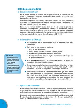 64
Movilización nacional por la Mejora de los aprendizajes
3.2.3 Somos narradores
a. lo que queremos lograr
b. descripción de la estrategia
c. aplicación de la estrategia
En las zonas andinas de nuestro país surgen relatos en el contexto de una
conversación. Gracias a ellos, las personas mayores transmiten su sabiduría y sus
valores a los más jóvenes.
Esta estrategia permite que nuestros estudiantes expresen sus ideas, emociones
y experiencias, mediante relatos coherentes y empleando las convenciones del
lenguaje oral (Muñoz y otros 2011: 70-71).
Saber narrar cuentos también quiere decir saber escogerlos, prepararlos y
adaptarlos, si fuera preciso; y, naturalmente, ser capaz de inventarlos a partir de
algún suceso. En la medida de lo posible, es importante que nuestros estudiantes
escuchen a diferentes narradores de cuentos, y no solo a su docente; así accederán
a diversos modelos de narradores (Barragán y otros 2005: 47-53).
Esta estrategia la trabajamos con niños y niñas de segundo grado, en el marco del
proyecto “Compartimos las historias de nuestras abuelitas”, que busca resaltar el rol
de los adultos mayores como transmisores de la cultura de la comunidad.
La narración debe tener una estructura que le dé coherencia: inicio, nudo
y desenlace.
Para hacer un buen relato, es necesario:
- Usar un buen vocabulario.
- Apelar al lenguaje gestual (gestos, miradas, etcétera).
- Matizar la voz para captar la atención del público.
- Ejercitar la memoria, lo que no implica memorizar el texto porque eso
le quita espontaneidad.
Para crear expectativa entre la audiencia podemos usar recursos como
vestuario o elementos complementarios.
Primero, es necesario hacerles tomar conciencia del emisor, es decir,
de ellos mismos como conocedores del cuento, y del receptor —o los
receptores—, a quien se le expone la narración que desconoce.
Nuestros estudiantes deben comprender los cuentos que van a narrar,
así como interpretar los argumentos y comprender quiénes son los
personajes, cómo pueden ser y qué representan. Igualmente, han de
tener claras las situaciones concretas que vive cada personaje, las
emociones que pueden sentir, los paisajes que los rodean, etcétera.
El propósito social es que los estudiantes conozcan la tradición oral de su comunidad.
El propósito didáctico es que escuchen de manera activa diversos tipos de textos
orales en distintas situaciones comunicativas.
InDICADoREs:
Reordena información
explícita estableciendo
relaciones de secuencia
y semejanzas y
diferencias.
Expresa con sus propias
palabras lo que entendió
del texto, dando cuenta
de alguna información
relevante.
 