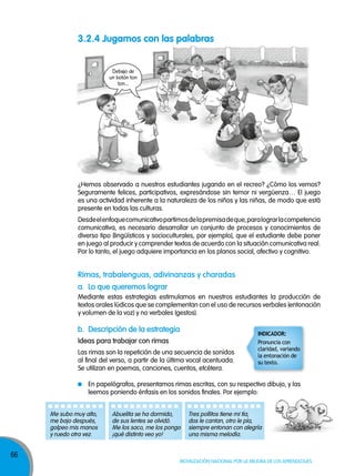 66
Movilización nacional por la Mejora de los aprendizajes
a. lo que queremos lograr
rimas, trabalenguas, adivinanzas y charadas
b. descripción de la estrategia
Mediante estas estrategias estimulamos en nuestros estudiantes la producción de
textos orales lúdicos que se complementan con el uso de recursos verbales (entonación
y volumen de la voz) y no verbales (gestos).
Las rimas son la repetición de una secuencia de sonidos
al final del verso, a partir de la última vocal acentuada.
Se utilizan en poemas, canciones, cuentos, etcétera.
Ideas para trabajar con rimas
¿Hemos observado a nuestros estudiantes jugando en el recreo? ¿Cómo los vemos?
Seguramente felices, participativos, expresándose sin temor ni vergüenza… El juego
es una actividad inherente a la naturaleza de los niños y las niñas, de modo que está
presente en todas las culturas.
Desdeelenfoquecomunicativopartimosdelapremisadeque,paralograrlacompetencia
comunicativa, es necesario desarrollar un conjunto de procesos y conocimientos de
diverso tipo (lingüísticos y socioculturales, por ejemplo), que el estudiante debe poner
en juego al producir y comprender textos de acuerdo con la situación comunicativa real.
Por lo tanto, el juego adquiere importancia en los planos social, afectivo y cognitivo.
Tres pollitos tiene mi tía,
dos le cantan, otro le pía,
siempre entonan con alegría
una misma melodía.
Abuelita se ha dormido,
de sus lentes se olvidó.
Me los saco, me los pongo
¡qué distinto veo yo!
Me subo muy alto,
me bajo después,
golpeo mis manos
y ruedo otra vez.
En papelógrafos, presentamos rimas escritas, con su respectivo dibujo, y las
leemos poniendo énfasis en los sonidos finales. Por ejemplo:
3.2.4 Jugamos con las palabras
Debajo de
un botón ton
ton...
InDICADoR:
Pronuncia con
claridad, variando
la entonación de
su texto.
 