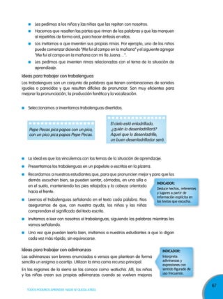 67
TODOS PODEMOS APRENDER, NADIE SE QUEDA ATRÁS
Les pedimos a los niños y las niñas que las repitan con nosotros.
Hacemos que resalten las partes que riman de las palabras y que las marquen
al repetirlas de forma oral, para hacer énfasis en ellas.
Los invitamos a que inventen sus propias rimas. Por ejemplo, uno de los niños
puede comenzar diciendo “Me fui al campo en la mañana” y el siguiente agregar
“Me fui al campo en la mañana con mi tía Juana…”.
Les pedimos que inventen rimas relacionadas con el tema de la situación de
aprendizaje.
Lo ideal es que los vinculemos con los temas de la situación de aprendizaje.
Presentamos los trabalenguas en un papelote o escritos en la pizarra.
Recordamos a nuestros estudiantes que, para que pronuncien mejor y para que los
demás escuchen bien, se pueden sentar, cómodos, en una silla o
en el suelo, manteniendo los pies relajados y la cabeza orientada
hacia el frente.
Leemos el trabalenguas señalando en el texto cada palabra. Nos
aseguramos de que, con nuestra ayuda, los niños y las niñas
comprendan el significado del texto escrito.
Invitamos a leer con nosotros el trabalenguas, siguiendo las palabras mientras las
vamos señalando.
Una vez que pueden leerlo bien, invitamos a nuestros estudiantes a que lo digan
cada vez más rápido, sin equivocarse.
Seleccionamos o inventamos trabalenguas divertidos.
Los trabalenguas son un conjunto de palabras que tienen combinaciones de sonidos
iguales o parecidos y que resultan difíciles de pronunciar. Son muy eficientes para
mejorar la pronunciación, la producción fonética y la vocalización.
Las adivinanzas son breves enunciados o versos que plantean de forma
sencilla un enigma o acertijo. Utilizan la rima como recurso principal.
En las regiones de la sierra se las conoce como watuchis. Allí, los niños
y las niñas crean sus propias adivinanzas cuando se vuelven mejores
Ideas para trabajar con trabalenguas
Ideas para trabajar con adivinanzas
El cielo está enladrillado,
¿quién lo desenladrillará?
Aquel que lo desenladrille,
un buen desenladrillador será.
Pepe Pecas pica papas con un pico,
con un pico pica papas Pepe Pecas.
InDICADoR:
Interpreta
adivinanzas y
expresiones con
sentido figurado de
uso frecuente.
InDICADoR:
Deduce hechos, referentes
y lugares a partir de
información explícita en
los textos que escucha.
 