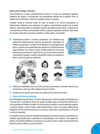 69
TODOS PODEMOS APRENDER, NADIE SE QUEDA ATRÁS
Teatralizamos frente a nuestros estudiantes una actividad que
realizamos habitualmente. Usamos movimientos corporales, sin
hablar; por ejemplo, nos lavamos los dientes y nos enjuagamos la
boca;cruzamosunaquebradaapie;trepamosunárbol;tomamos
sopa, etcétera. Con nuestro cuerpo, también podemos comunicar
situaciones y emociones. A partir de lo que comunicamos usando
movimientos y gestos, nuestros estudiantes tienen que adivinar o
inferir a qué nos estamos refiriendo.
Invitamos a teatralizar otras acciones, cuentos y personajes conocidos, frente a sus
compañeros, para que ellos adivinen de qué se trata.
Conformamos equipos para que unos adivinen las acciones de otros.
Una charada es un texto, generalmente en verso, en el que se reemplazan algunas
palabras por gestos o movimientos que representan sílabas de la palabra clave. El
objetivo de la charada es adivinar la palabra clave (o solución).
También existe la charada muda. En esta, los gestos y la mímica reemplazan la
declamación. Mientras unos expresan con gestos y movimientos aquello que se debe
adivinar, otros interpretan con palabras aquello que están presenciando. Se genera así
una interacción entre la comunicación verbal y corporal, ideal para destacar cómo todo
en nosotros sirve para comunicar: palabra, sonido, gesto, movimiento.
Ideas para trabajar charadas
c. aplicacióndelaestrategia
Esta estrategia se puede dar en el marco del proyecto “Usamos palabras divertidas que
nos dan risa”. La profesora de primer grado considera que es importante estimular en
sus estudiantes la fluidez al hablar. De esta manera, tendrán la oportunidad de mejorar
su pronunciación, conocer textos orales tradicionales y crear sus propias aliteraciones
(repetición de los mismos fonemas en una frase, sobre todo consonánticos) y rimas de
una forma divertida.
El propósito social es que los estudiantes participen de manera activa y espontánea en
veladas organizadas para mostrarles sus aprendizajes a las madres y los padres de
familia. El propósito didáctico es favorecer en nuestros niños y niñas el desarrollo de la
discriminación auditiva y la pronunciación.
InDICADoR:
Presta atención
activa dando señales
verbales y no verbales
según el tipo de texto
oral y las formas de
interacción propias de
su cultura.
InDICADoR:
Opina sobre los gestos
y el volumen de voz
utilizados por el
hablante.
 