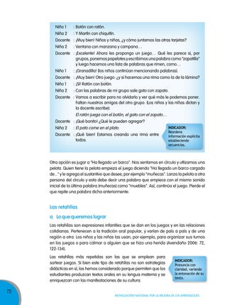 72
Movilización nacional por la Mejora de los aprendizajes
Niño 1 : Botón con ratón.
Niña 2 : Y Martín con chiquitín.
Docente : ¡Muy bien! Niños y niñas, ¿y cómo juntamos las otras tarjetas?
Niña 2 : Ventana con manzana y campana…
Docente : ¡Excelente! Ahora les propongo un juego… Qué les parece si, por
grupos, ponemos papelotes y escribimos una palabra como "zapatilla"
y luego hacemos una lista de palabras que rimen, como…
Niño 1 : ¡Granadilla! (los niños continúan mencionando palabras).
Docente : ¡Muy bien! Otro juego: ¿y si hacemos una rima como la de la lámina?
Niño 1 : ¡Sí! Ratón con botón.
Niña 2 : Con las palabras de mi grupo sale gato con zapato.
Docente : Vamos a escribir para no olvidarlo y ver qué más le podemos poner.
Faltan nuestros amigos del otro grupo. (Los niños y las niñas dictan y
la docente escribe):
El ratón juega con el botón, el gato con el zapato…
Docente : ¡Qué bonito! ¿Qué le pueden agregar?
Niña 2 : El pato come en el plato.
Docente : ¡Qué bien! Estamos creando una rima entre
todos.
Otra opción es jugar a "Ha llegado un barco". Nos sentamos en círculo y utlizamos una
pelota. Quien tiene la pelota empieza el juego diciendo "Ha llegado un barco cargado
de..." y le agrega el sustantivo que desee; por ejemplo "muñecas". Lanza la pelota a otra
persona del círculo y esta debe decir una palabra que empiece con el mismo sonido
inicial de la última palabra (muñecas) como "muebles". Así, continúa el juego. Pierde el
que repite una palabra dicha anteriormente.
Las retahílas son expresiones infantiles que se dan en los juegos y en las relaciones
cotidianas. Pertenecen a la tradición oral popular, y varían de país a país y de una
región a otra. Los niños y las niñas las usan, por ejemplo, para organizar sus turnos
en los juegos o para calmar a alguien que se hizo una herida (Avendaño 2006: 72,
122-134).
Las retahílas más repetidas son las que se emplean para
sortear juegos. Si bien este tipo de retahílas no son estrategias
didácticas en sí, las hemos considerado porque permiten que los
estudiantes produzcan textos orales en su lengua materna y se
enriquezcan con las manifestaciones de su cultura.
Las retahílas
a. Lo que queremos lograr
INDICADOR:
Reordena
información explícita
estableciendo
secuencias.
Pronuncia con
claridad, variando
la entonación de su
texto.
INDICADOR:
 
