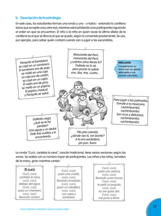 73
TODOS PODEMOS APRENDER, NADIE SE QUEDA ATRÁS
b. descripcióndelaestrategia
En este caso, los estudiantes forman una ronda y uno —o todos— entona(n) la cantilena
(versoqueserepiteunayotravez),mientrasva(n)señalandoalosparticipantessiguiendo
el orden en que se encuentran. El niño o la niña en quien recae la última sílaba de la
cantilena es el que se libra (o el que se queda, según lo convenido previamente). Se usa,
por ejemplo, para saber quién contará cuando van a jugar a las escondidas.
La ronda “Cucú, cantaba la rana”, canción tradicional, tiene varias versiones según las
zonas. Se realiza con un número impar de participantes. Los niñas y las niñas, tomados
de la mano, giran mientras cantan:
Manzanita del Perú,
manzanita del Perú,
¿cuántos años tienes tú?
Todavía no lo sé,
pero pronto lo sabré:
uno, dos, tres, cuatro…
Periquito el bandolero
se cayó en un sombrero.
El sombrero era de paja,
se metió en una caja.
La caja era de cartón,
se cayó en un cajón.
El cajón era de pino,
se metió en un pepino.
El pepino maduró
y Periquito se salvó.
Para jugar a las palmadas:
Tomate a la mexicana,
cachimbambú,
cachimbambú.
Son ricos y deliciosos,
cachimbambú,
cachimbambú.
Pito pito colorido,
¿dónde vas tú, tan bonito?
A la era verdadera,
pin pon, fuera.
Gallinita ciega,
¿qué se te ha
perdido?
Una aguja y un dedal.
Date tres vueltas y lo
encontrarás.
el cucú
Cucú, cucú,
cantaba la rana,
cucú, cucú,
debajo del agua.
Cucú, cucú,
pasó un marinero,
cucú, cucú,
llevando romero.
Cucú, cucú,
pasó una criada,
cucú, cucú,
llevando ensalada.
Cucú, cucú,
pasó un caballero,
cucú, cucú,
con capa y
sombrero.
Cucú, cucú,
pasó una señora,
cucú, cucú,
llevando unas moras.
Cucú, cucú,
le pedí un poquito;
cucú, cucú,
no me quiso dar.
Cucú, cucú,
me puse a llorar.
Complementa su
texto oral con gestos
adecuados a sus
normas culturales.
InDICADoR:
 