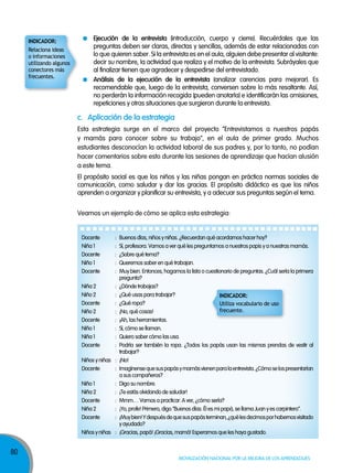 80
Movilización nacional por la Mejora de los aprendizajes
Docente : Buenos días, niños y niñas. ¿Recuerdan qué acordamos hacer hoy?
Niña 1 : Sí, profesora. Vamos a ver qué les preguntamos a nuestros papis y a nuestras mamás.
Docente : ¿Sobre qué tema?
Niño 1 : Queremos saber en qué trabajan.
Docente : Muy bien. Entonces, hagamos la lista o cuestionario de preguntas. ¿Cuál sería la primera
pregunta?
Niña 2 : ¿Dónde trabajas?
Niño 2 : ¿Qué usas para trabajar?
Docente : ¿Qué ropa?
Niño 2 : ¡No, qué cosas!
Docente : ¡Ah, las herramientas.
Niño 1 : Sí, cómo se llaman.
Niña 1 : Quiero saber cómo las usa.
Docente : Podría ser también la ropa. ¿Todos los papás usan las mismas prendas de vestir al
trabajar?
Niños y niñas : ¡No!
Docente : Imagínensequesuspapásymamásvienenparalaentrevista.¿Cómoselospresentarían
a sus compañeros?
Niño 1 : Digo su nombre.
Niña 2 : ¡Te estás olvidando de saludar!
Docente : Mmm… Vamos a practicar. A ver, ¿cómo sería?
Niña 2 : ¡Yo, profe! Primero, digo “Buenos días. Él es mi papá, se llama Juan y es carpintero”.
Docente : ¡Muybien!Ydespuésdequesuspapásterminan,¿quélesdecimosporhabernosvisitado
y ayudado?
Niños y niñas : ¡Gracias, papá! ¡Gracias, mamá! Esperamos que les haya gustado.
Utiliza vocabulario de uso
frecuente.
InDICADoR:
c. aplicación de la estrategia
Veamos un ejemplo de cómo se aplica esta estrategia:
Esta estrategia surge en el marco del proyecto “Entrevistamos a nuestros papás
y mamás para conocer sobre su trabajo”, en el aula de primer grado. Muchos
estudiantes desconocían la actividad laboral de sus padres y, por lo tanto, no podían
hacer comentarios sobre esto durante las sesiones de aprendizaje que hacían alusión
a este tema.
ejecución de la entrevista (introducción, cuerpo y cierre). Recuérdales que las
preguntas deben ser claras, directas y sencillas, además de estar relacionadas con
lo que quieren saber. Si la entrevista es en el aula, alguien debe presentar al visitante:
decir su nombre, la actividad que realiza y el motivo de la entrevista. Subráyales que
al finalizar tienen que agradecer y despedirse del entrevistado.
análisis de la ejecución de la entrevista (analizar carencias para mejorar). Es
recomendable que, luego de la entrevista, conversen sobre lo más resaltante. Así,
no perderán la información recogida (pueden anotarla) e identificarán las omisiones,
repeticiones y otras situaciones que surgieron durante la entrevista.
El propósito social es que los niños y las niñas pongan en práctica normas sociales de
comunicación, como saludar y dar las gracias. El propósito didáctico es que los niños
aprenden a organizar y planificar su entrevista, y a adecuar sus preguntas según el tema.
Relaciona ideas
o informaciones
utilizando algunos
conectores más
frecuentes.
InDICADoR:
 